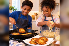 A tween boy and tween girl are in the kitchen making latkes in celebration of Hanukkah.  The boy is  at the stove flipping a latke.
