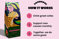 Two bags of coffee, a Goodbirds box and a cup of coffee, part of Goodbirds monthly coffee subscription of 2 12oz bags of coffee
