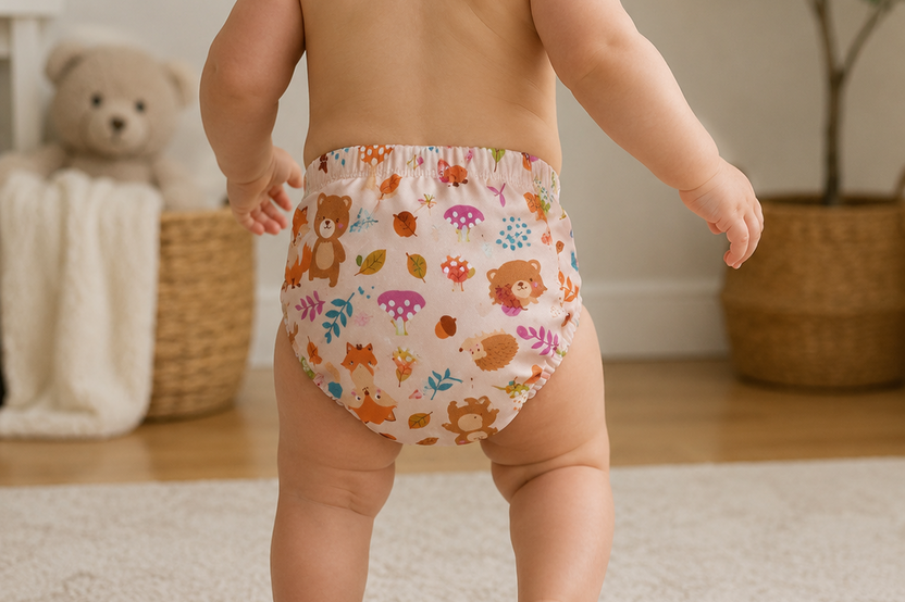 Baby walking wearing bear and fox cloth diaper