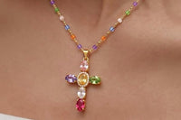 Multi-Color Beaded Gold Plated Cross Necklace — Rainbow Gemstone Cross Pendant, 16 Inch Chain with 2 Inch Extender, Gift for Her