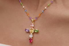 Multi-Color Beaded Gold Plated Cross Necklace — Rainbow Gemstone Cross Pendant, 16 Inch Chain with 2 Inch Extender, Gift for Her