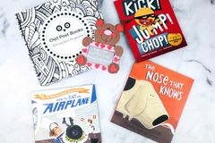 Owl Post Books kids subscription box with holiday gift titles Kick! Jump! Chop!, The Nose That Knows, and How to Eat an Airplane.