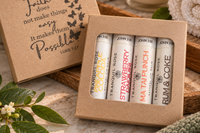 Happy Hour lip balm set featuring four handcrafted, flavor-inspired lip balms in fun seasonal selections, beautifully packaged for gifting.