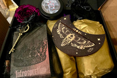 Packaged and ready to be shipped, this Dark Goddess Persephone Box has gold tissue paper, Busy Witch Box stickers, a Tarot Card Holder +more
