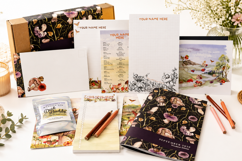 Woodland-themed personalized stationery box with custom paper goods, notepads, cards, and desk accessories.