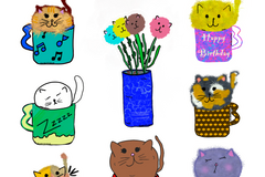 Quirky Pickle cup kitties. Set of stickers/sticker sheet of cats in mugs and vases. This does not show the entire set.