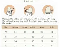 Nail sizing guide chart showing how to measure nails with dimensions for different sizes, including XS, S, M, and L with labeled finger meas