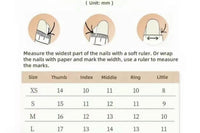 Nail sizing guide chart showing how to measure nails with dimensions for different sizes, including XS, S, M, and L with labeled finger meas