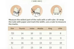 Nail sizing guide chart showing how to measure nails with dimensions for different sizes, including XS, S, M, and L with labeled finger meas