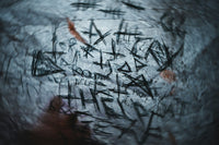 Blury Image with high quality center of it with crazy scratches and writing on a piece of paper and blood.