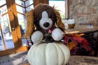 A brown and white dog sitting ontop of a white pumpkin. The dog is a stuffed animal. You can see the lighter brown ears.