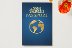 A close-up of the Eco Explorer Passport on a light, neutral background. There is an orange flower next to the passport.
