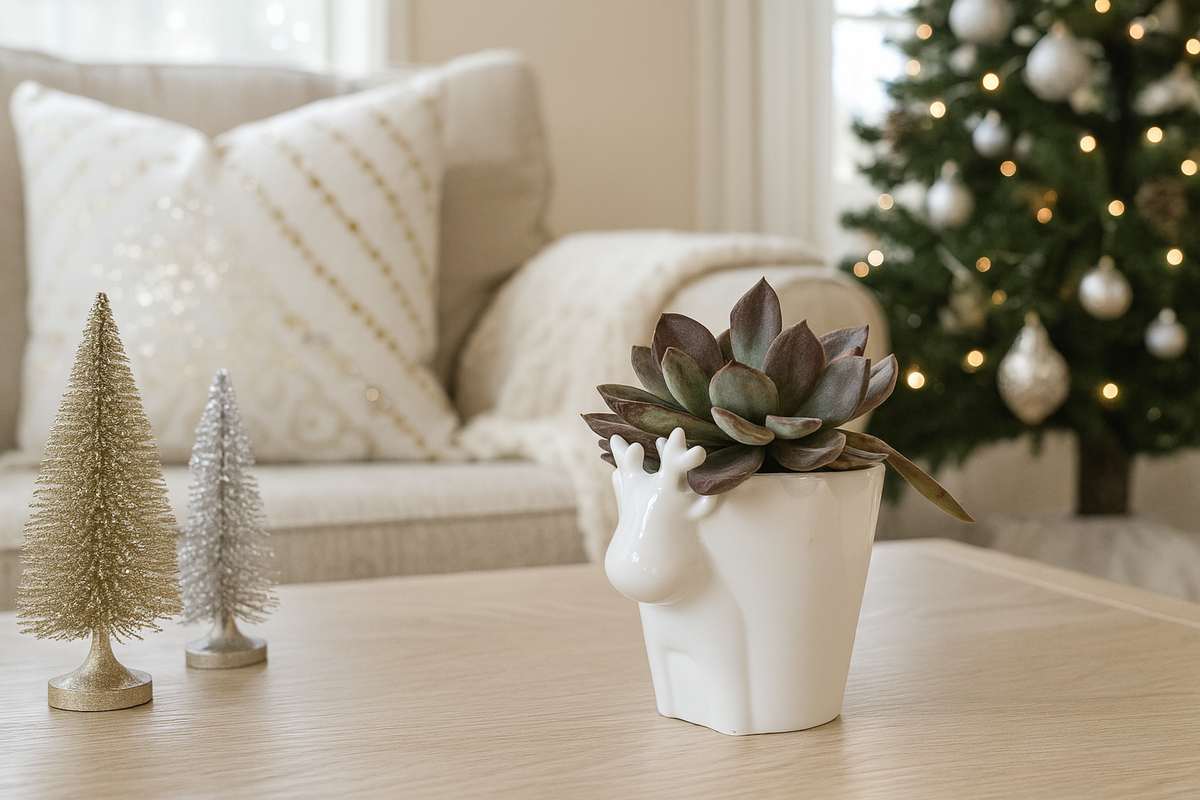 4 inch White Reindeer Head Ceramic Pot with Succulents Arrangement
