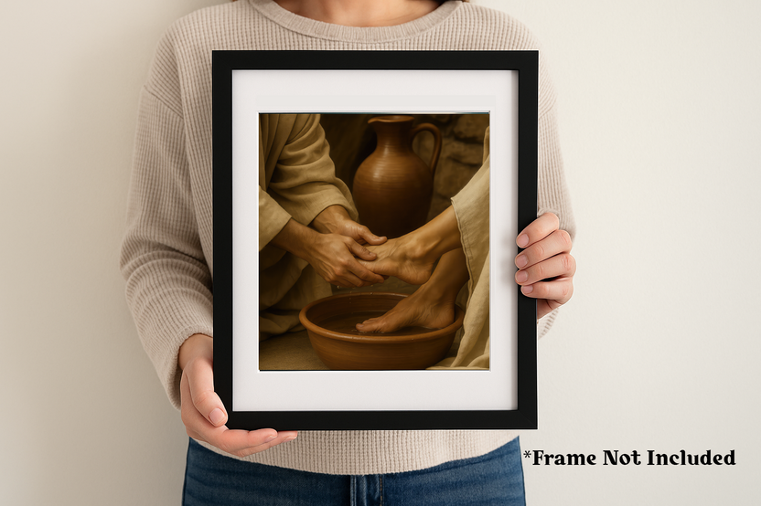Person holding an 8x10 Christian art print of Jesus washing a disciple’s feet, displayed in a black frame. Frame Not Included