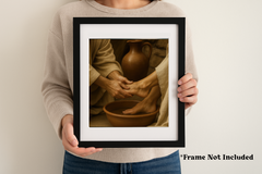 Person holding an 8x10 Christian art print of Jesus washing a disciple’s feet, displayed in a black frame. Frame Not Included