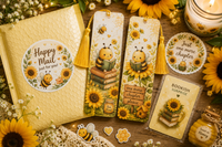 Cheerful bee and sunflower bookmark subscription with two reading bookmarks, matching sticker, happy mail, and bookish surprise.