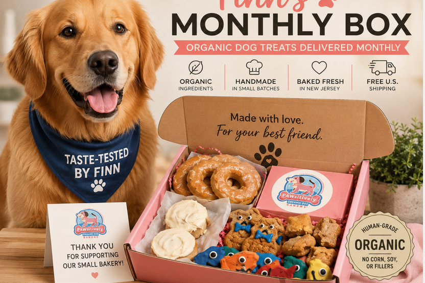 Finn the Golden Retriever with a monthly box of handmade organic dog treats, including donuts, muffins, cookies, and training treats. (