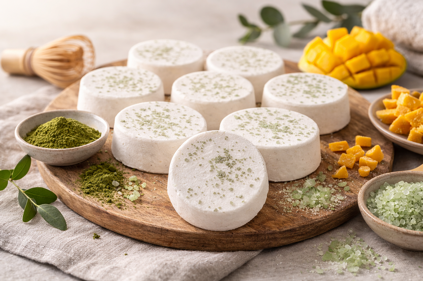 Natural Bath Bombs with mango butter, matcha powder and green sea salt.  Lightly scented for total relaxation and moisturizing 