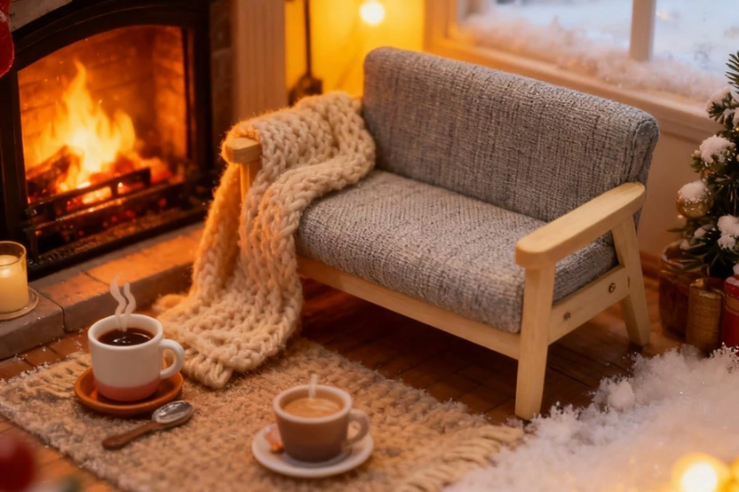 This is a photograph of a tiny miniature couch in front of a fireplace.  There are 2 cups of coffee on the rug in front. 