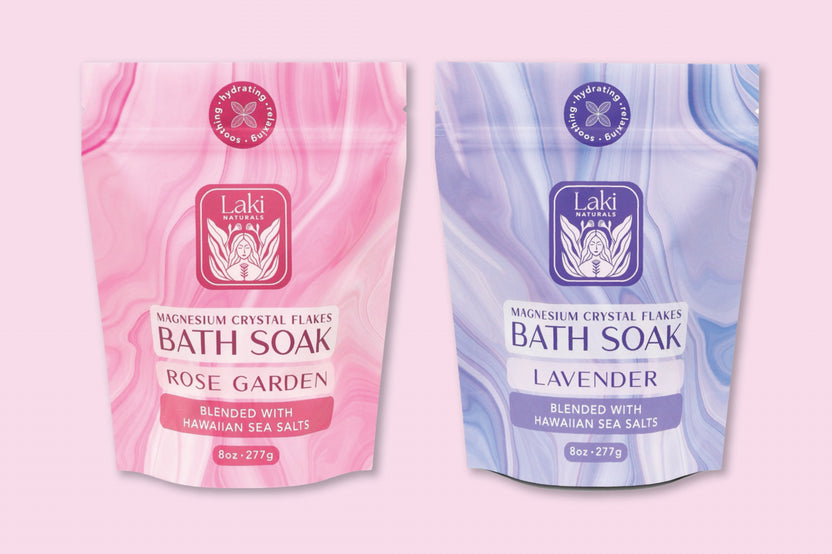 Laki Naturals Magnesium Bath Soaks in Lavender & Garden Rose, help relax, soothe and hydrate the mind and body.