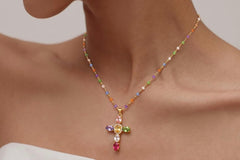 Multi-Color Beaded Gold Plated Cross Necklace — Rainbow Gemstone Cross Pendant, 16 Inch Chain with 2 Inch Extender, Gift for Her