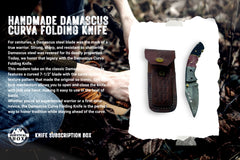  This Damascus knife features a 7-1/2” curved blade with wavy textured pattern. Strong, sharp and break resistant.