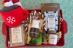Box includes: One full size bag dog treats,
One Chew Toy
One Plush/Rope/Ball
One themed gift for the human 