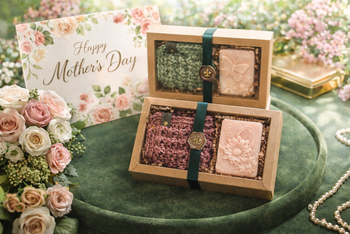 Thoughtful Mother’s Day spa gift arranged with roses and elegant packaging
Natural bath and body gift set for Mother’s Day celebration