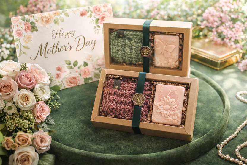 Thoughtful Mother’s Day spa gift arranged with roses and elegant packaging
Natural bath and body gift set for Mother’s Day celebration