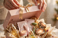 gift box overflowing with premium skincare tools and products with glitter and silk ribbon giving this photo a luxury unboxing vibe