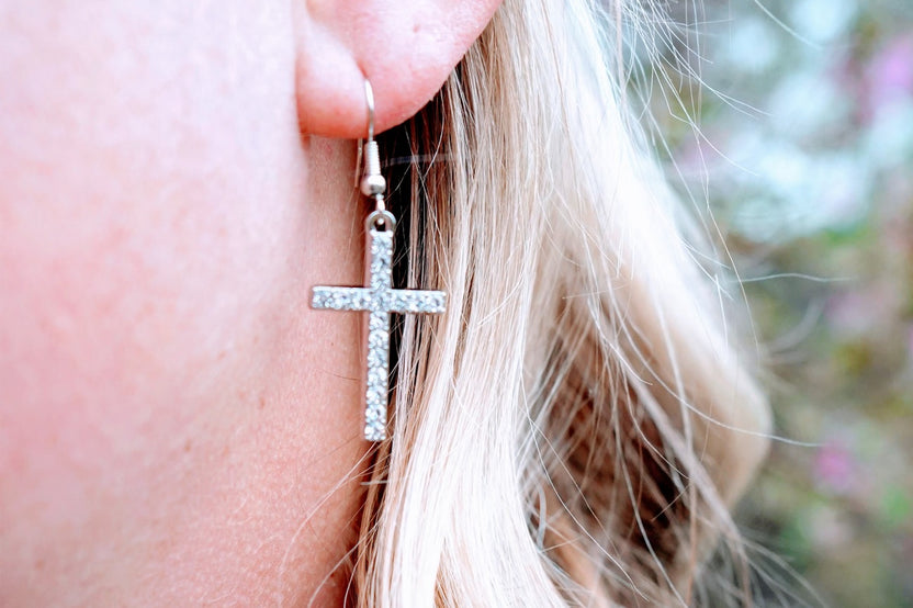 Cross Earrings (silver plate and Crystal)