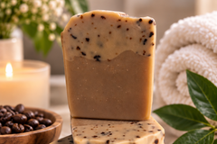 Tranquil Rose handcrafted coffee soap bar featuring natural coffee grounds, rich color and an artisan design for men's daily grooming.