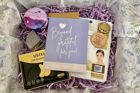 View from above to Purple Box. You can see Grateful card, fidget toy for child or adult, self-care items.