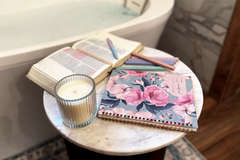 Promise Keeper Christian Journal Planner Subscription Next to Bathtub with Candle and Bible plus Highlighters 