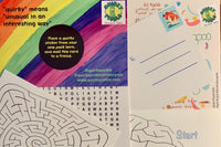 Examples of original activity sheets, postcards, puzzles, and more for early adopters of this subscription club during its start.