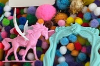 Kinetic sand
Hands on play, playdough
unicorn fun
learn and grow
skill builders 
learn about letters and numbers
sensory bin