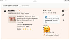 Verified five-star Etsy review for Sacred Trinity luxury body butter, showcasing happy customer experience and trusted handcrafted body care
