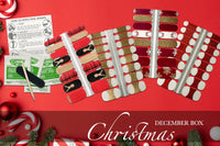 flat lay image showing four holiday nail wrap styles, four alcohol prep pads, a cuticle pusher, a mini nail file, and instructions