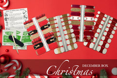 flat lay image showing four holiday nail wrap styles, four alcohol prep pads, a cuticle pusher, a mini nail file, and instructions