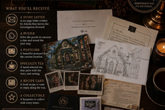 Book lover gift featuring a cozy mystery by mail with collectible letters, detective puzzles, premium tea, and story keepsakes.