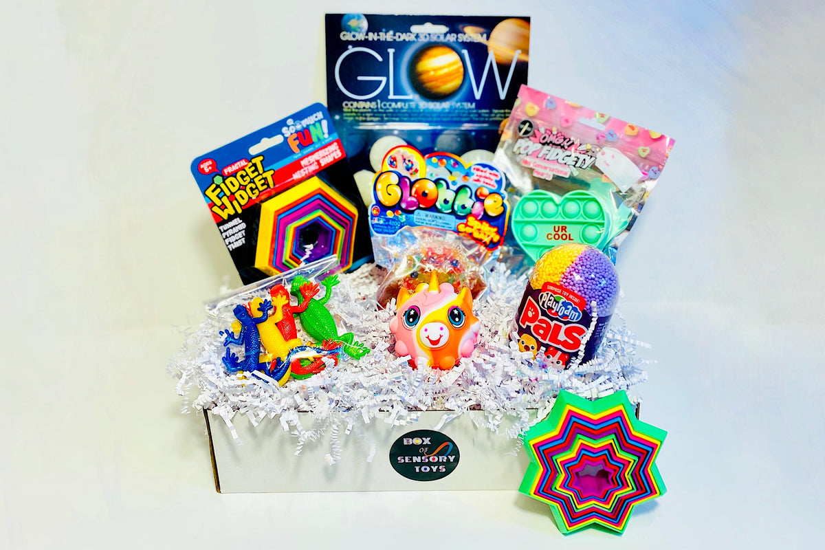 Fidget Toy Valentine's Gifts, fidget widget, glow planets + stars, lizard stretch, globbie ball, fidgety pop, playfoam pals, 3D bubble pop