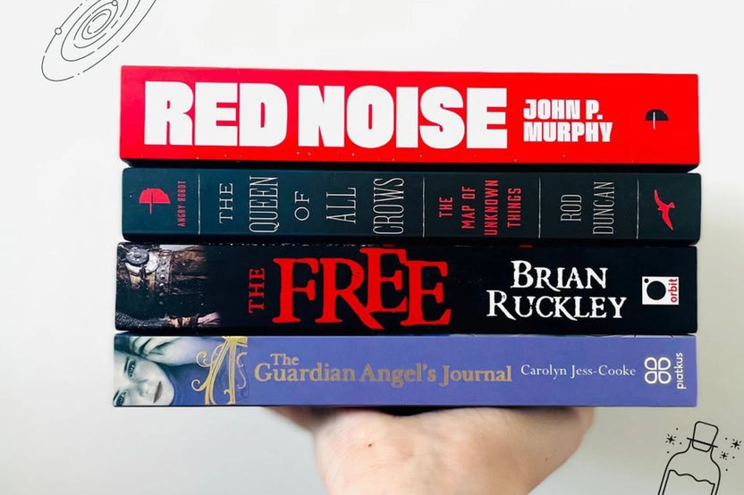 Brown subscription box filled with four fantasy novels, featuring magical worlds and adventurous plots for fans of imaginative storytelling