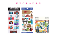 Colorful scrapbook papers and stickers in a monthly scrapbook kit featuring floral designs and cameras, ideal gifts for women