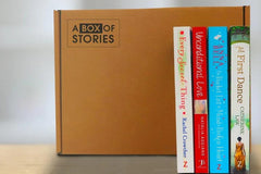 Brown box filled with fiction books, showcasing a variety of gripping titles and intriguing covers, perfect for mystery lovers.