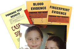 a collection of case evidence. fingerprint evidence blood evidence, solution and a mother and daughter photo from the case.