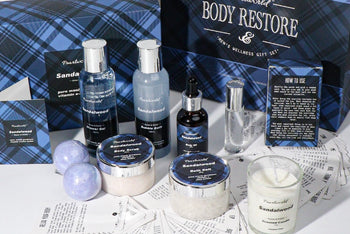 a blue box full of mens wellness and spa products
with specialy curated products for the needs of men