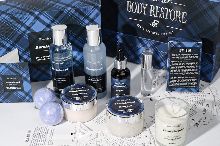 a blue box full of mens wellness and spa products
with specialy curated products for the needs of men
