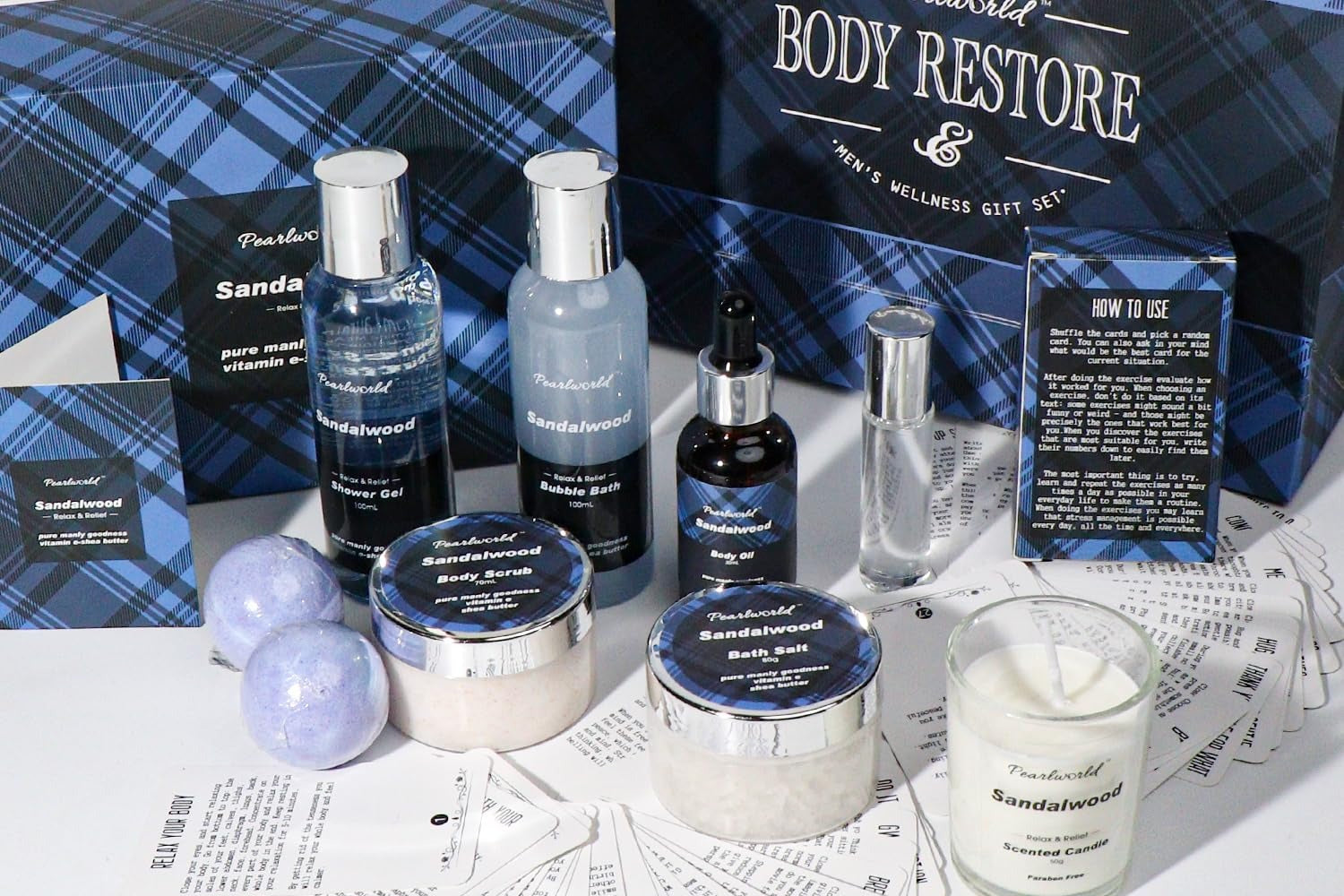 a blue box full of mens wellness and spa products
with specialy curated products for the needs of men