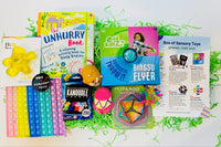 School box sensory toys, pin print, squish donuts, glow ball, stretch noodles, butter putty, sketch tablet, arctic friends box, fidgets