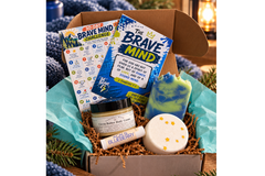 Faith and Fearless boys gift box with Brave Mind activity cards, Acai and Blueberry soap, and self-care products